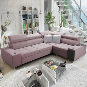 Ecksofa mit Schlaffunktion Dafni II lavendelrosa rechtwinkliges geflochtenes Ecksofa mit Bettzeugschublade in der Seite des Möbels