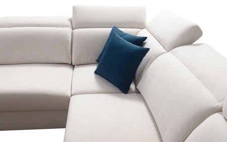 Ecksofa mit Schlaffunktion Kelly IV blau rechts Samt bequemes Ecksofa verstellbare Kopfstützen seitlich mit Lamellen eingefasst