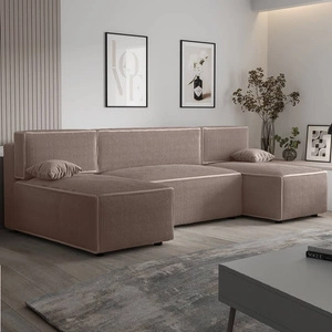 Ecksofa mit Schlaffunktion Brandon U hellbraun Bettzeugcontainer dreidimensional gestreifter Stoff