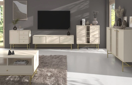 Schubladenkommode Kioto III 100 cm beige modernes Design praktische Einlegeböden goldene Griffe stabiler Metallrahmen