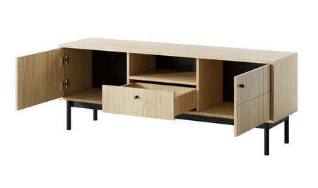 Modesta Eiche linea Möbel Set minimalistisches Design akzentuiert durch trendige Farben hohe Holzbeine Metallgriffe