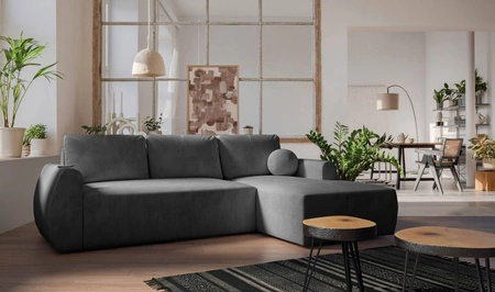 Ecksofa mit Schlaffunktion Colio graphit rechte Seite stilvolles Ecksofa mit interessanter Form Veloursstoff Zierkissen Ball