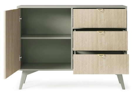 Kommode Wald 106 cm Eukalyptus / beige Fischgrät geschmackvolles Fischgrätdekor auf den Fronten der Kommode Designerkantengriffe