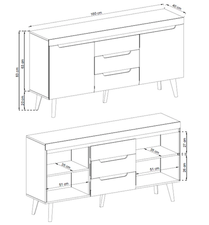 Kommode Atka 160 cm weiß / weiß glänzend / Eiche riviera modernes Möbeldesign Kommode umrandet mit speziellem ABS-Furnier