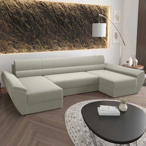 Ecksofa mit Schlaffunktion Fogu U IV elfenbeinfarbenes komfortables und funktionelles Ecksofa für das Wohnzimmer mit interessantem Design aus dreidimensionalem Stoff