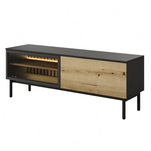 RTV Schrank Clovis 150 cm schwarz / Eiche evozieren elegante Form von Möbeln in einem modernen Stil sicher gehärtetem Glas Push zu öffnen