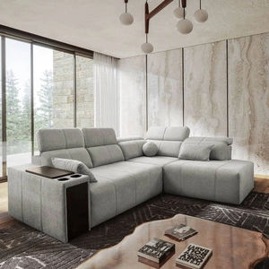 Ecksofa mit Schlaffunktion Tesalia VII graue Esche rechte Ecke modernes Design komfortable Schiebelehne Schublade in der Seite des Möbels