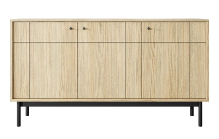 Modesta Eiche linea Möbel Set minimalistisches Design akzentuiert durch trendige Farben hohe Holzbeine Metallgriffe