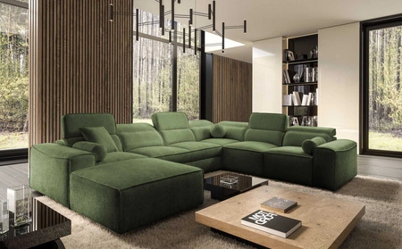 Ecksofa mit Schlaffunktion Viano VIII grün links modernes Ecksofa mit interessantem Design Bettzeugcontainer