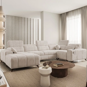 Penejos IV Ecksofa mit Schlaffunktion beige linke Seite stilvolles Ecksofa mit zwei Bettkästen strapazierfähiger Stoff