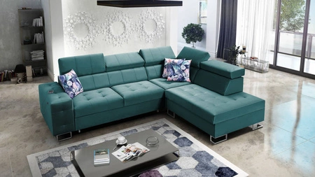 Ecksofa mit Schlaffunktion Hampton VII meeresblau rechts aus Samtstoff mit glatter Oberfläche