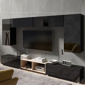 Möbelwand Apulia XXIII schwarz glänzend / Eiche handwerklich extrem stilvolle Möbelwand einfache Elemente, die in jedes Interieur passen