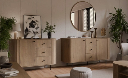 Kommode mit Schubladen Ovalio 165 cm Eiche cremona moderne Form ovale Kommode für das Wohnzimmer dekorative Fräsungen am Korpus