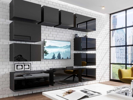 Lutro schwarz / schwarz glänzend unkonventionelle Schrankwand mit elegantem Charakter, ideal für ein Wohnzimmer oder einen Sitzungssaal
