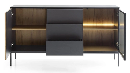 Kommode Amma 154 cm schwarz / Eiche wotan einzigartiges Design dekorative geriffelte und verglaste Fronten der Kommode