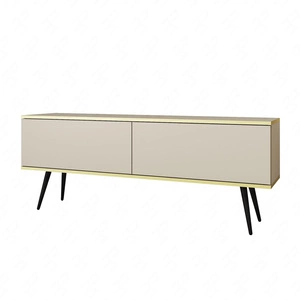TV-Schrank Luxury 135 cm beige eleganter Design-Korpus mit goldener Zierleiste Schrank auf schwarzen Metallbeinen