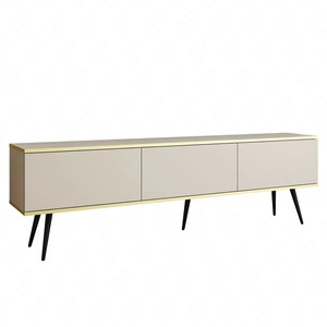 TV-Schrank Luxury 175 cm beige eleganter Design-Korpus mit goldener Zierleiste Schrank auf schwarzen Metallbeinen