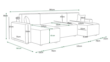 Ecksofa mit Schlaffunktion Brandon U Bis schwarzer Bettkasten dreidimensionaler Stoff mit ausdrucksvollen Streifen weiche Armlehnen