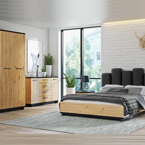 Schlafzimmermöbel-Set Simi Eiche artisan / schwarz modernes Design Schlafzimmermöbel-Set aus hochwertiger Schichtstoffplatte
