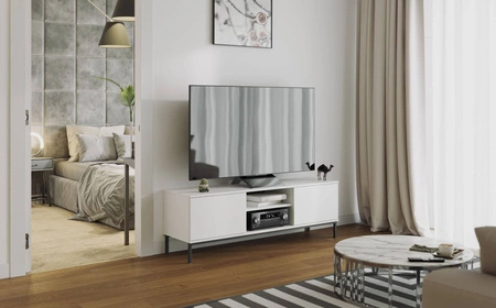 RTV-Schrank Tutti 150 cm weiß elegantes Schrankdesign Metall massiver Sockel Türen öffnen sich mit einem Push-to-Open-System