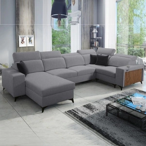 Ecksofa mit Schlaffunktion Kelly IV grau links geflochten bequemes Ecksofa verstellbare Kopfstützen seitlich mit Latten verkleidet