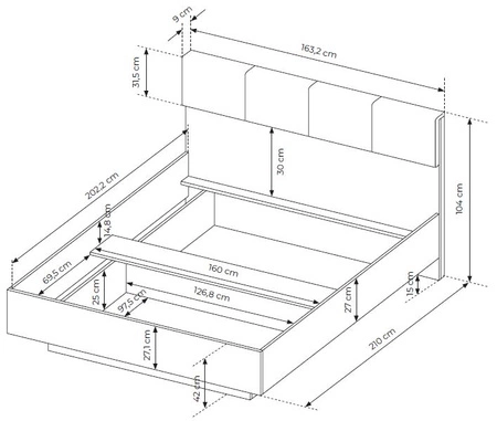 Tipler Bett 160x200 cm mit Bettzeug und Nachttischen Eiche artisan / anthrazit gepolstertes Kopfteil LED-Beleuchtung