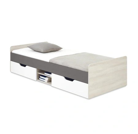 Bett Remona 90x200 cm Eiche wilton weiß / weiß / anthrazit modernes und praktisches Bett mit Schubladen für ein Kind oder einen Teenager