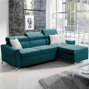 Ecksofa mit Schlaffunktion Rava azurblauer rechtsseitiger Samt komfortables und funktionelles Ecksofa mit verstellbaren Kopfstützen