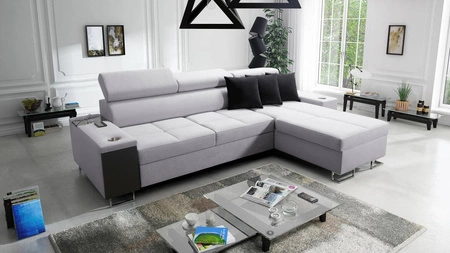 Ecksofa mit Schlaffunktion Dafni Grau-Popiel rechtsseitig geflochten bietet Komfort und Funktionalität während der täglichen Erholung
