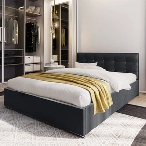 Polsterbett Mona 180x200 in Graphit mit Container im modernen skandinavischen Stil mit gestepptem Kopfteil mit Kristallen
