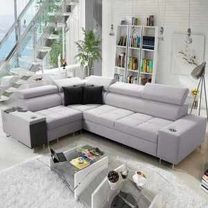 Ecksofa mit Schlaffunktion Dafni II grau Esche links geflochtenes Ecksofa mit Bettzeugschublade in der Seite des Möbels