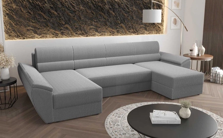 Ecksofa mit Schlaffunktion Fogu U III Grau Esche Stilvolles Ecksofa mit Armlehnen und Bettzeugablage Kordelstoff