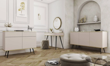 Schubladenkommode Luxury 107 cm beige modernes Design Wohnzimmer Kommode Körper mit Gold trim schwarzen Metallbeinen gekrönt