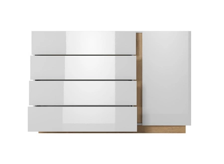 Kommode mit Schubladen Adria 138 cm glänzend weiß / Eiche Enkel moderne Möbel Design Kommode Kante mit speziellen ABS-Furnier fertig