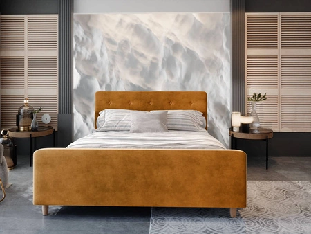 Polsterbett Isara 160x200 senf mit Container im modernen skandinavischen Stil mit markantem Kopf- und Fußteil