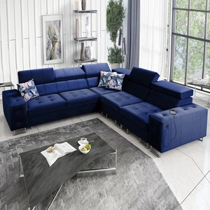 Ecksofa mit Schlaffunktion Hampton III navy blau rechts bequemes Ecksofa aus glattem und weichem Samtstoff