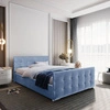 Polsterbett Alford 140x200 blau mit Staukasten im modernen skandinavischen Stil mit gestepptem Kopf- und Fußteil mit Kristallen besetzt