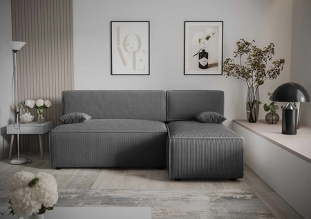 Ecksofa mit Schlaffunktion Brandon grau rechte Ecke dreidimensionaler Stoff mit ausdrucksstarken Streifen Bettzeug Container