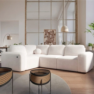 Ecksofa mit Schlaffunktion Arbon II cremefarbenes Sofa links Stilvolles Design markante runde Form Behälter für Bettzeug