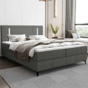 Boxspringbett Norco 140x200 grau stilvolles Bett mit Bettzeug Lagerung Beleuchtung im Kopfteil macht es einzigartig