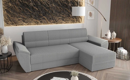 Ecksofa mit Schlaffunktion Fogu II grau Esche rechts stilvolles Ecksofa mit bequemen Armlehnen und einem Bettzeugbehälter