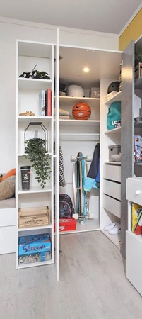 Epsilon Eck-Kleiderschrank weiß / Beton ideal als Dienstprogramm und geräumigen Kleiderschrank mit Schubladen und Regalen