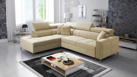 Ecksofa mit Schlaffunktion Nausa III beige linksseitig Samt stilvolles bequemes Ecksofa verstellbare Kopfstützen Bettzeug Container