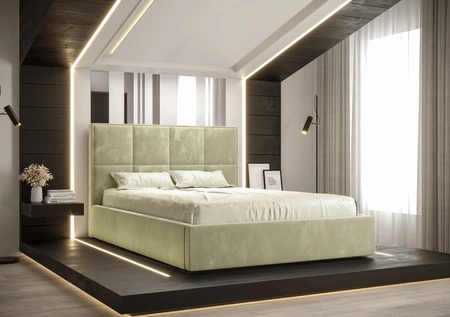 Polsterbett Aresa 140x200 mit Aufbewahrung Beige Modernes skandinavisches Stilbett mit bequemem Kopfteil
