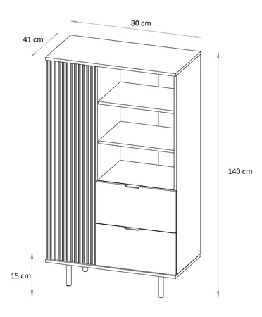 Hochkommode Sula 80 cm schwarz elegante und funktionelle Kommode mit geriffelter Front, die mit Metallgriffen verziert ist