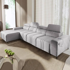 Ecksofa mit Schlaffunktion Castel XII grau Esche linke Seite stilvolles und bequemes Ecksofa für Wohnzimmer funktionelle verstellbare Kopfstützen