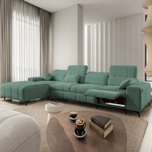 Ecksofa mit Schlaffunktion Penejos XII Lux grün linke stilvolles Ecksofa mit bequemer ausziehbarer Fußstütze