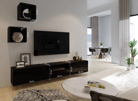 Mistra schwarz / schwarz glänzend universelle und stilvolle Schrankwand für das Wohnzimmer minimalistisches Design in einer modernen Umgebung