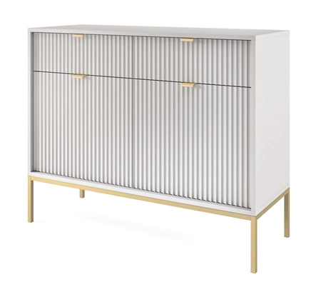 Kommode mit Schubladen Lovro 104 cm grau modernes Design wird Liebhaber von ausdrucksstarken Innenräumen Kommode mit Gold-Accessoires bereichert begeistern