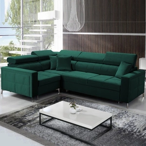 Nausa II Ecksofa mit Schlaffunktion Flasche grün links Samt Ziernähte auf der Sitzfläche Ecksofa mit einem Bettkasten